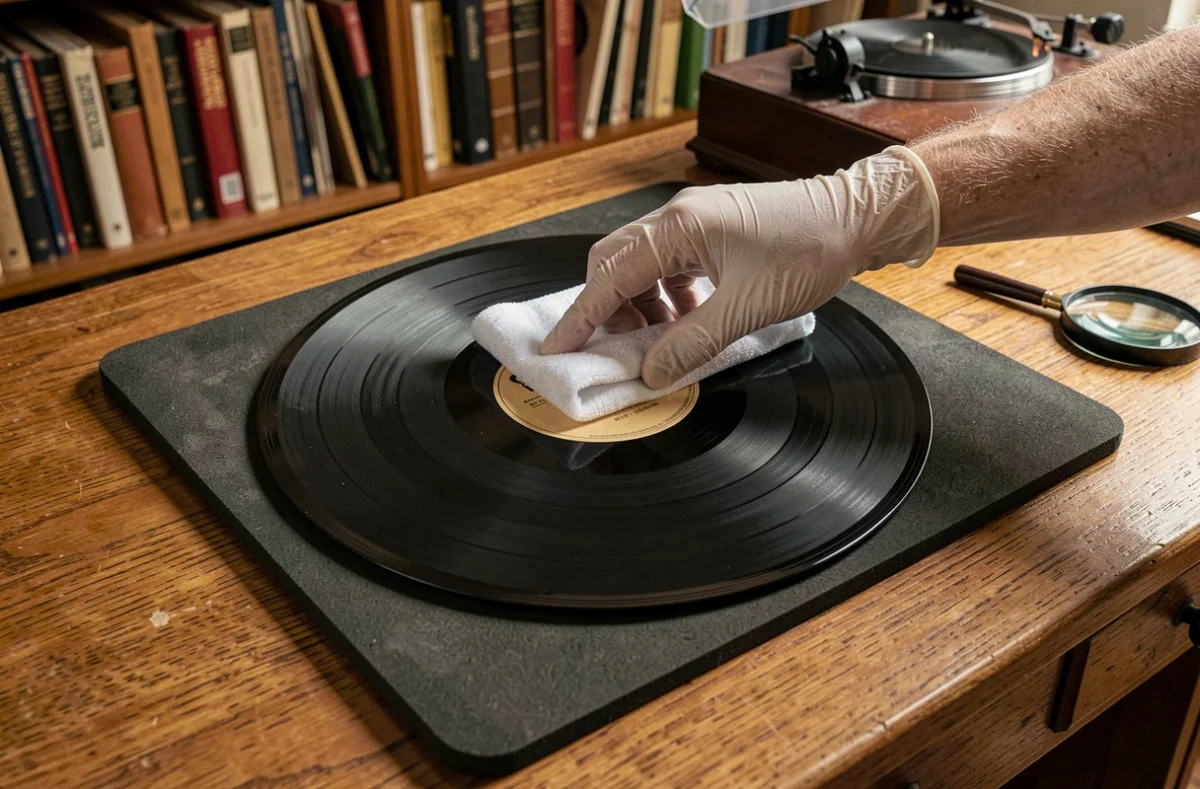 Mains gantées essuyant un disque 78 tours avec un chiffon microfibre sur un bureau en chêne