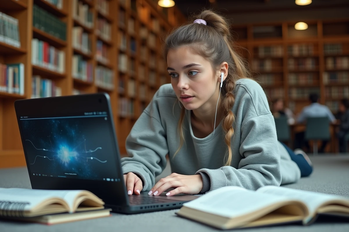 Jeune femme étudiante regardant une vidéo scientifique sur son ordinateur portable dans une bibliothèque universitaire entourée de notes de cours