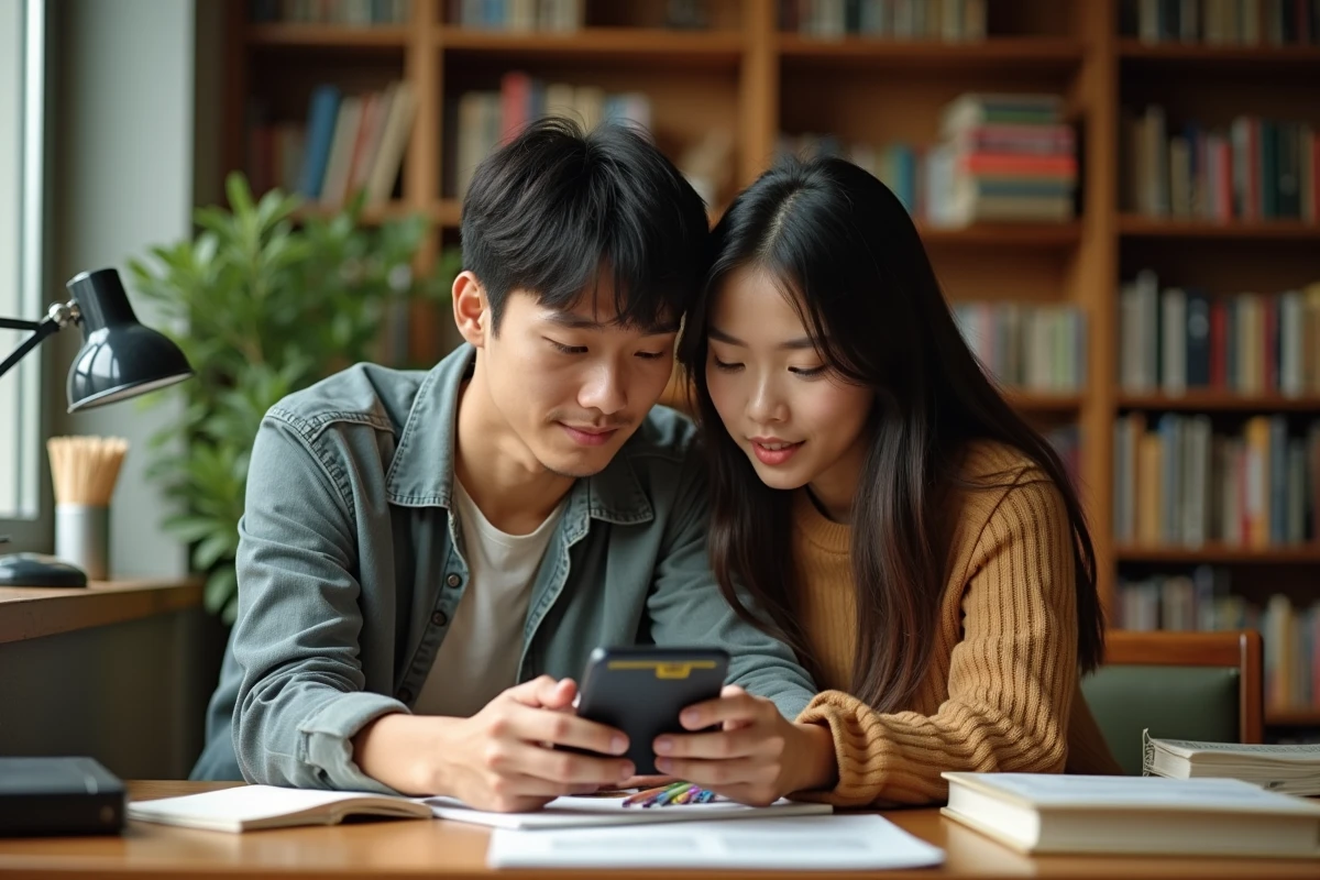 Deux étudiants lisant ensemble un scan One Piece sur smartphone dans une bibliothèque universitaire
