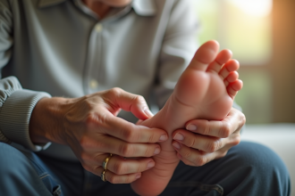 Personne âgée examinant la plante de son pied en lumière naturelle