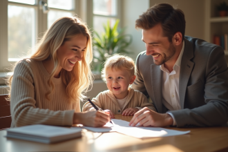 Famille homoparentale souriante signant un acte d'adoption au notaire