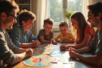 Famille jouant à Mille Bornes autour d'une table en famille