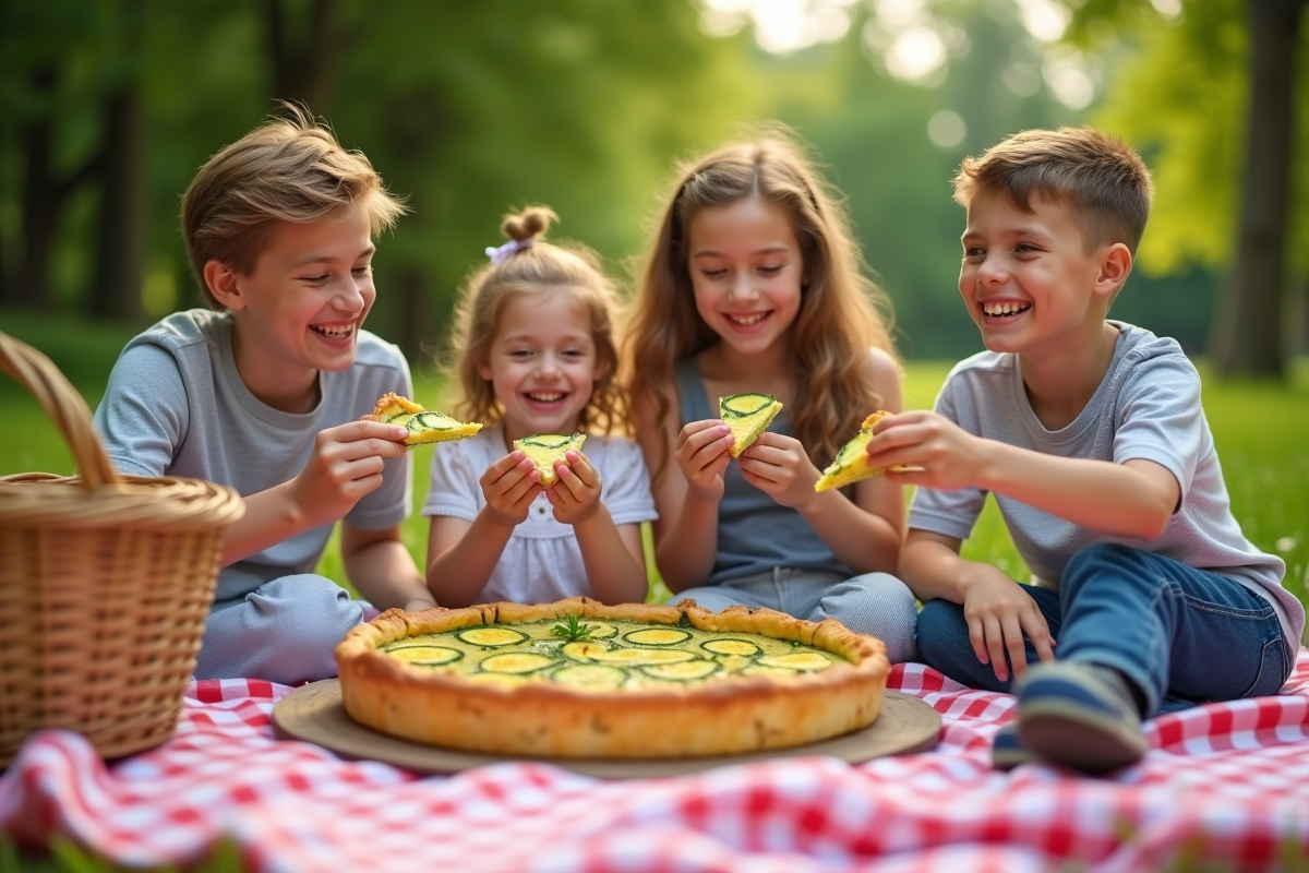 Famille heureuse dégustant une quiche zucchini en plein air