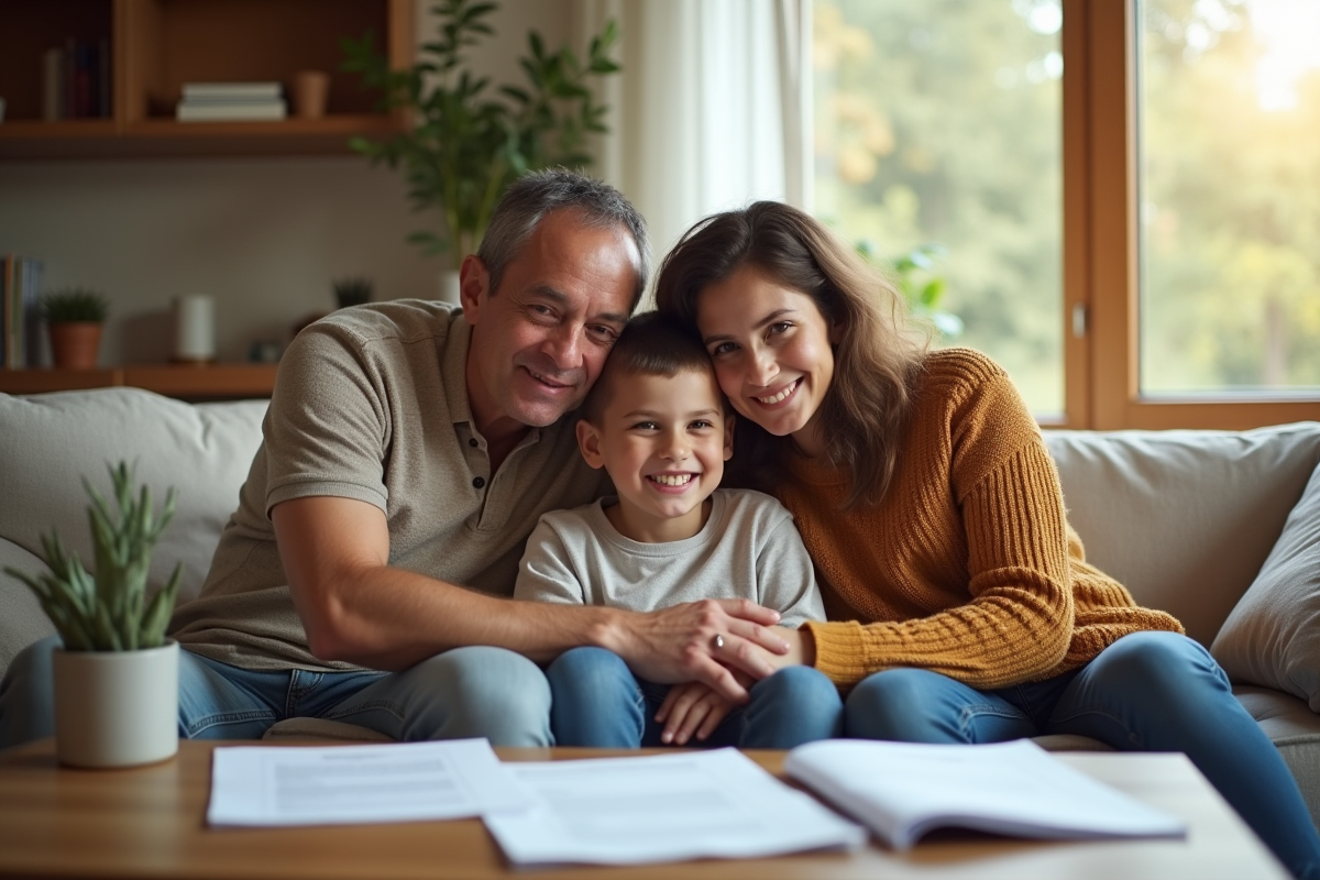 Famille réunie à la maison avec un enfant et documents d