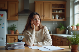 Femme pensive dans la cuisine avec documents d'adoption