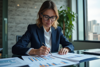Femme d'affaires en costume analysant des graphiques dans un bureau moderne