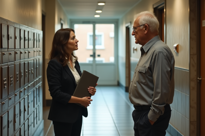 Femme d'affaires discutant avec un homme âgé à l'entrée d'un immeuble
