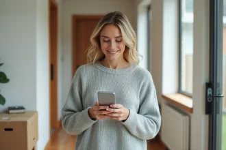 Femme consultant une alerte SMS de suivi de colis GLS sur son smartphone dans un couloir d'entrée moderne