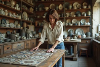 Femme examinant des tuiles anciennes dans une boutique vintage