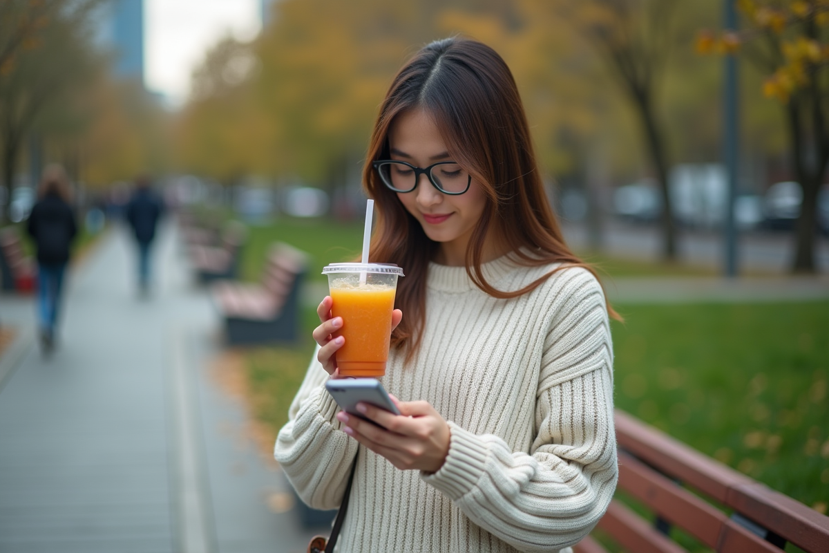 Jeune femme avec boisson sucrée dans un parc urbain