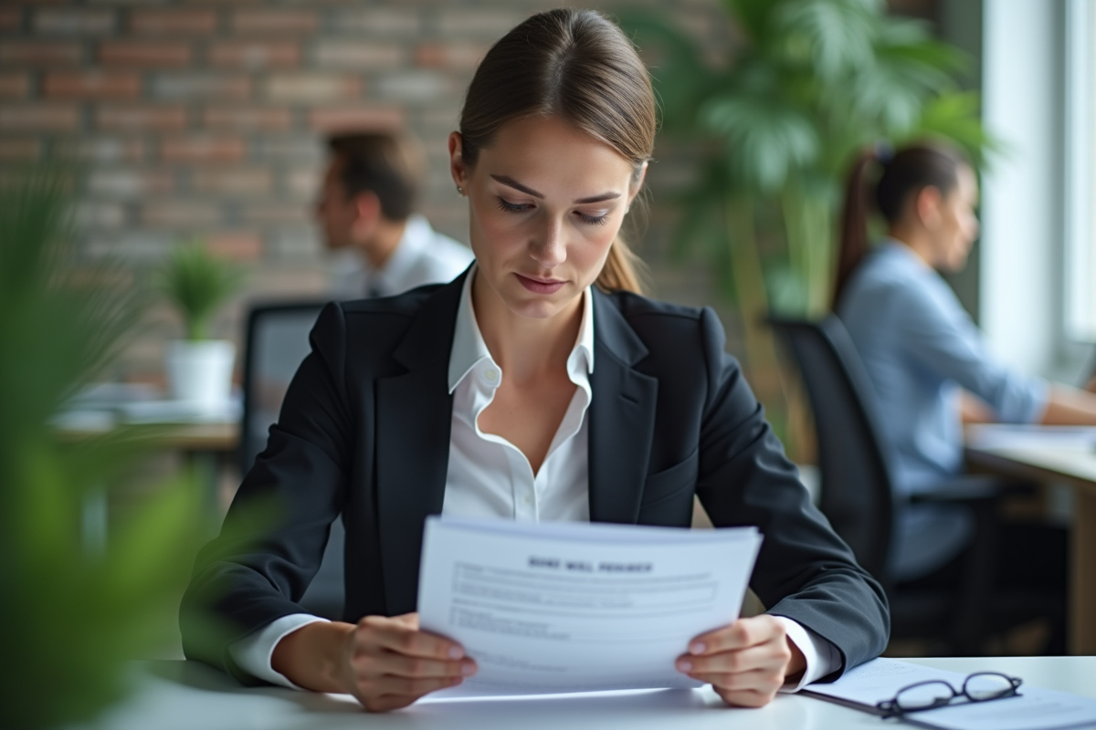 Femme en tenue professionnelle lit un manuel en bureau moderne