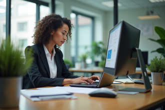 Femme d'origine nord-africaine travaillant sur un ordinateur dans un bureau moderne