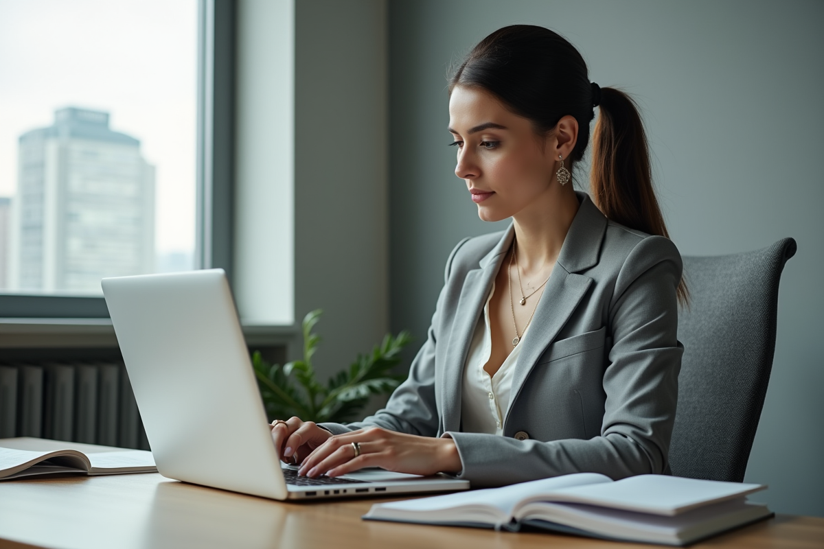 Femme professionnelle travaillant sur un ordinateur dans un bureau moderne