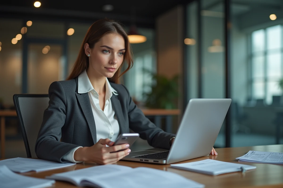 Femme en bureau professionnel regardant son ordinateur