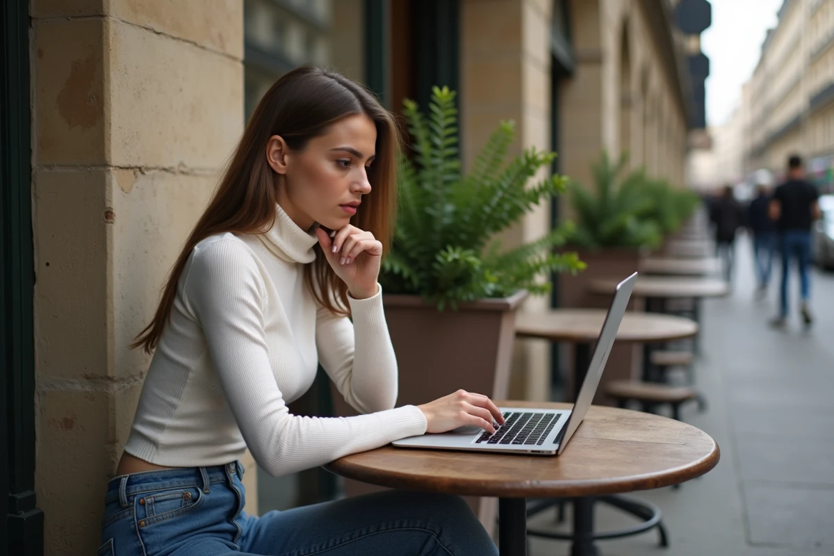 Jeune femme étudiant la belote sur son ordinateur en terrasse