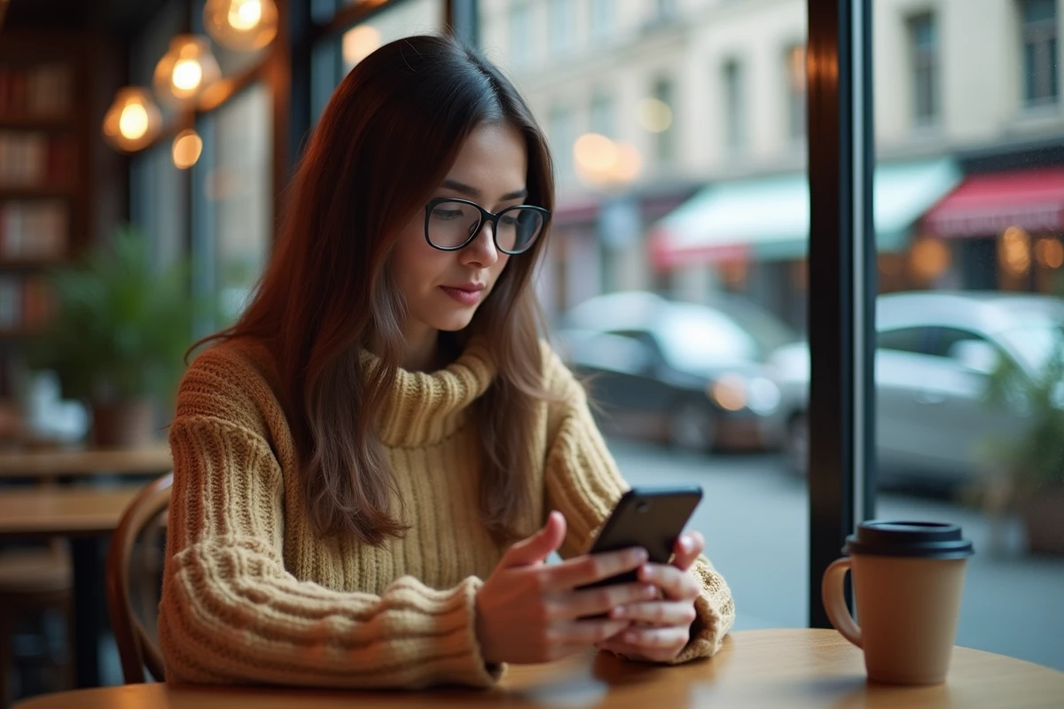 Jeune femme vérifiant ses paramètres de sécurité au café
