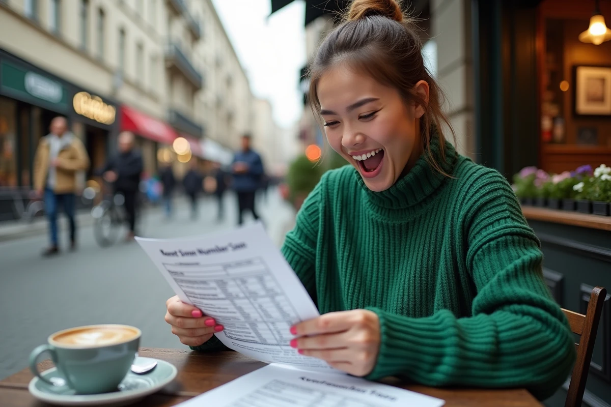 Jeune femme regardant ses résultats Keno au café