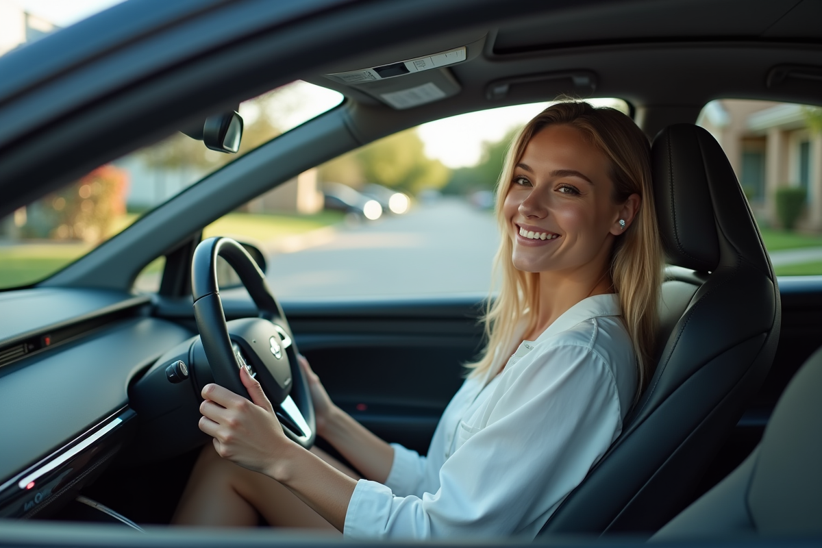 Jeune femme détendue dans une voiture autonome électrique