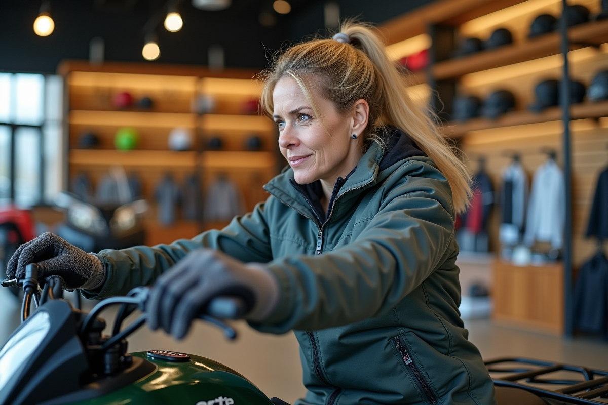 Femme inspectant un quad dans un showroom moderne