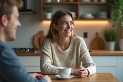 Jeune femme souriante dans une cuisine moderne chaleureuse