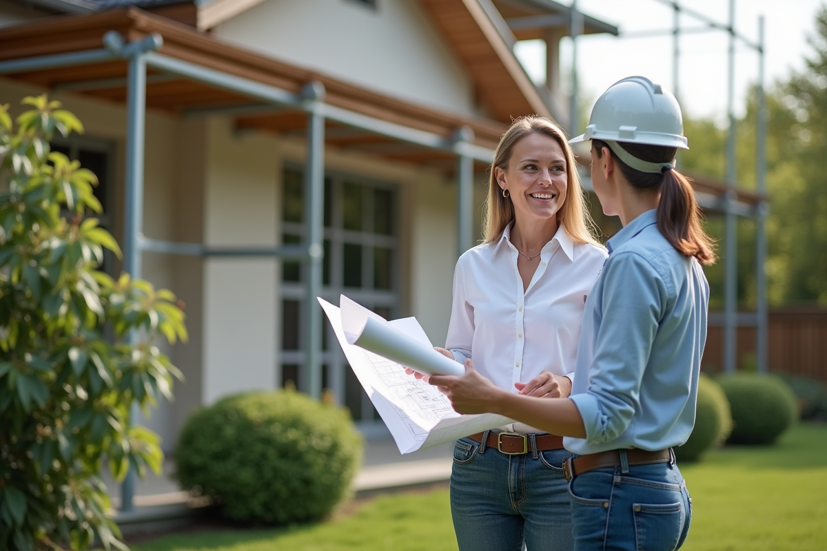 Femme discutant de travaux avec un professionnel extérieur