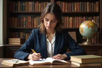 Femme écrivaine concentrée sur un manuscrit dans une bibliothèque académique, entourée de livres et de notes manuscrites pour illustrer la littérature, l'essai et l'argumentation