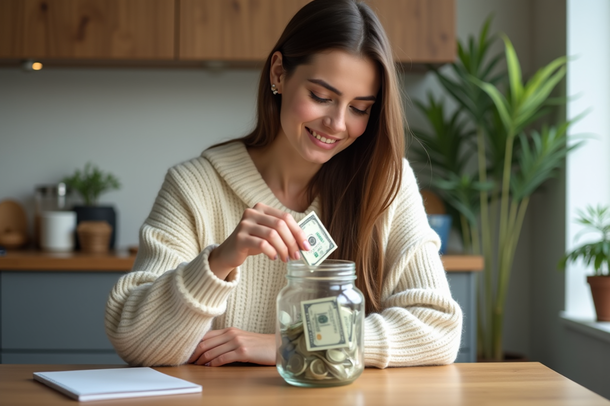 Jeune femme mettant de l'argent dans un pot à la maison