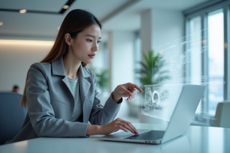 Jeune femme en veste futuriste interagit avec un hologramme