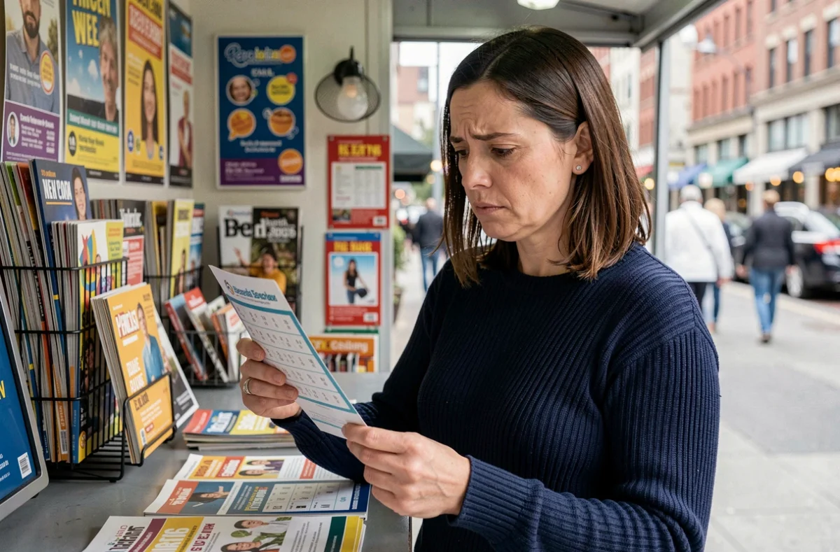 Femme tenant une grille de loto remplie devant un kiosque, air perplexe face aux numéros sélectionnés sur le bulletin