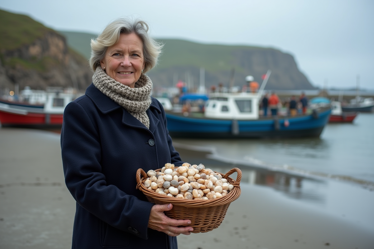 Femme en manteau marin tenant un panier de coquillages
