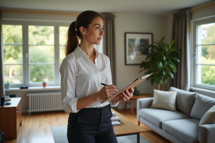 Femme d affaires dans un salon moderne examine des détails immobiliers