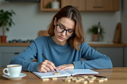 Femme concentrée jouant au Scrabble dans la cuisine