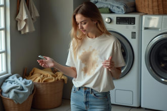 Jeune femme regardant un t-shirt sale dans la buanderie