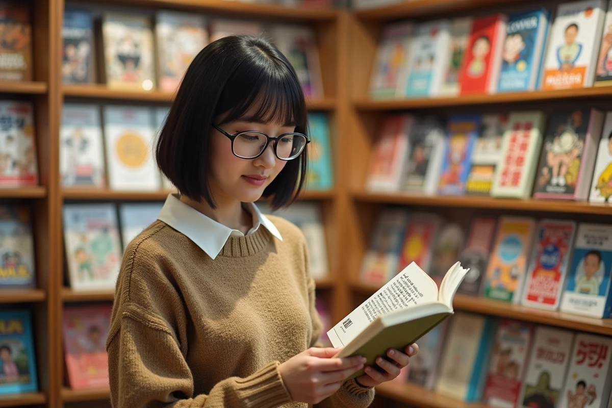 Femme examinant un manga dans une librairie chaleureuse