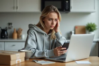 Jeune femme avec ordinateur et smartphone lit une notification de livraison