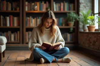 Femme lisant un roman romantasy dans une bibliothèque chaleureuse