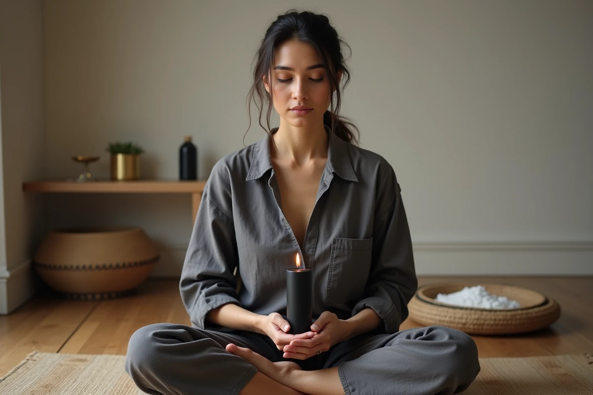 Femme méditant avec une bougie noire dans les mains dans un espace de protection spirituelle minimaliste