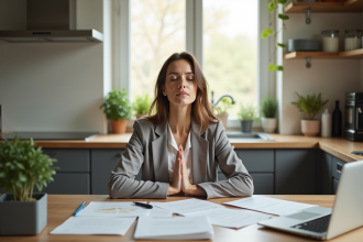 Femme en méditation dans sa cuisine moderne