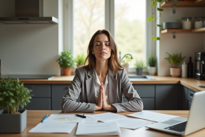 Femme en méditation dans sa cuisine moderne