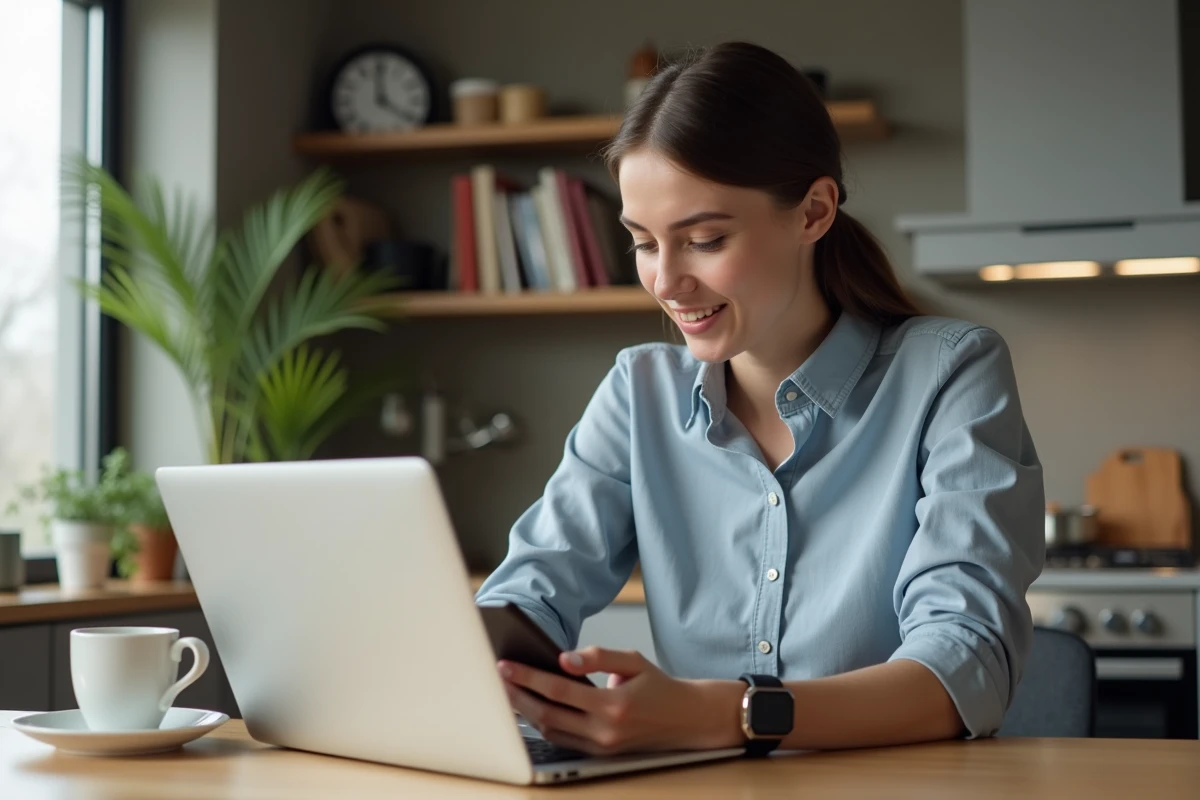 Jeune femme en routine matinale multitasking au bureau