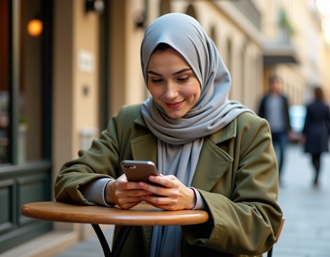 Jeune femme musulmane consultant les horaires de prière sur son téléphone en terrasse à Montpellier