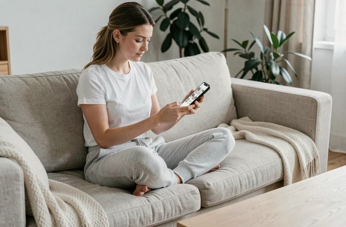 Femme parcourant l'index des chapitres d'un manga sur son smartphone dans un salon minimaliste