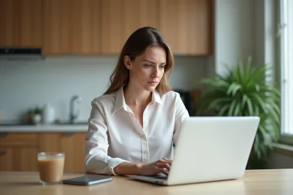 Femme en cuisine regardant son ordinateur portable