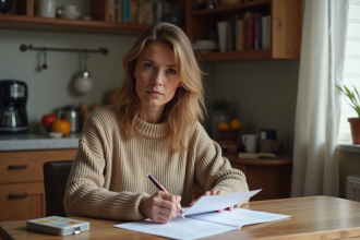 Femme dapproximativement 40 ans remplissant des papiers à la maison