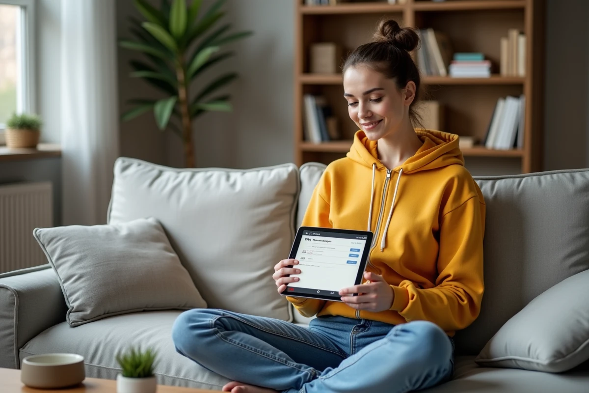 Jeune femme paramétrant les alertes SMS et email de suivi de colis GLS sur une tablette dans un salon