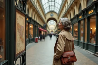 Femme en trench coat examinant une carte dans un passage couvert parisien du XIXe siècle, ambiance vintage et architecture de verre et de fer