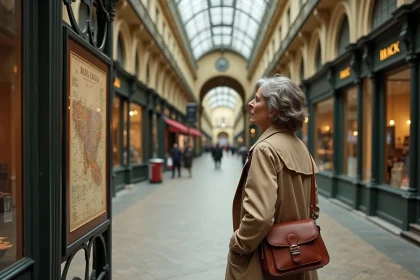 Femme en trench coat examinant une carte dans un passage couvert parisien du XIXe siècle, ambiance vintage et architecture de verre et de fer