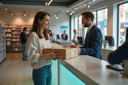 Femme souriante déposant un colis à la poste moderne