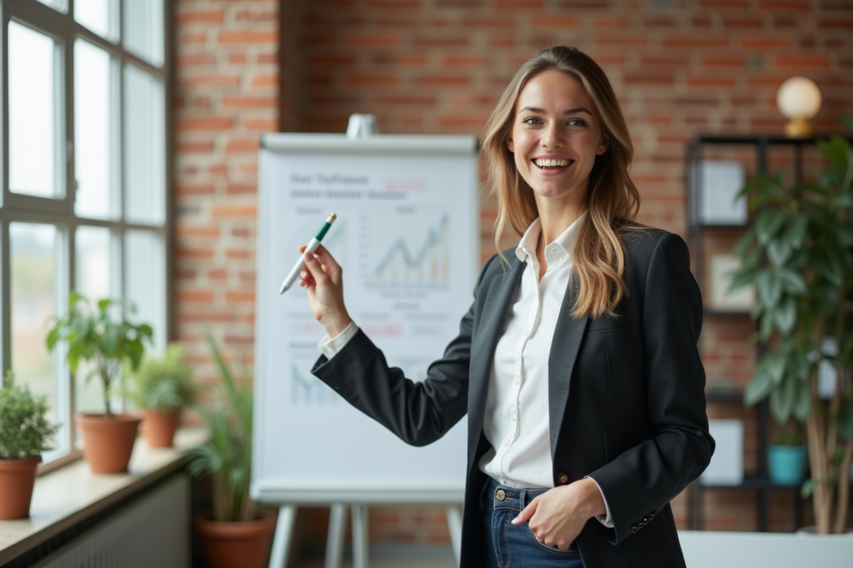 Jeune femme présentant un projet dans un bureau lumineux