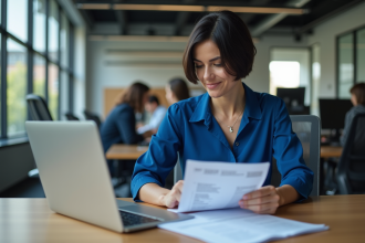 Femme professionnelle au bureau avec rapport de paie